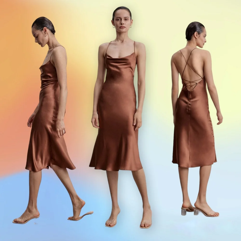 Silk Maison Lounge Cowl Neck Midi 100% Mulberry Silk Slip Dress XS Mocha Mousse - Picture 2 of 9